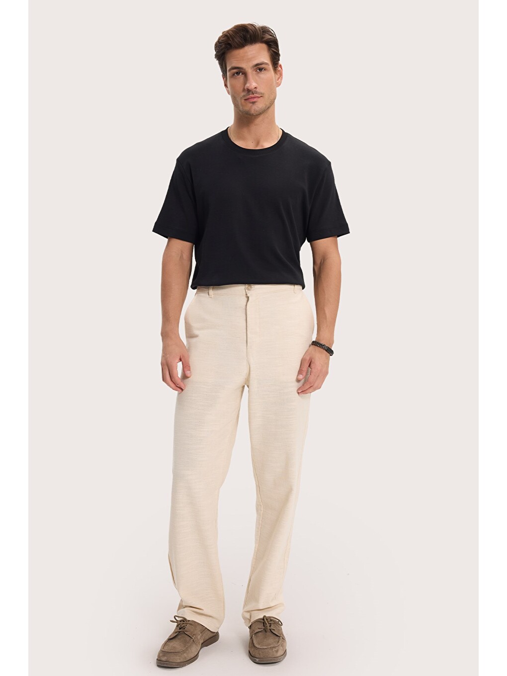 Bej Erkek Relax Fit Rahat Kesim %100 Pamuk Geniş Paça Keten Kumaş Çift Cepli Taş Pantolon-2