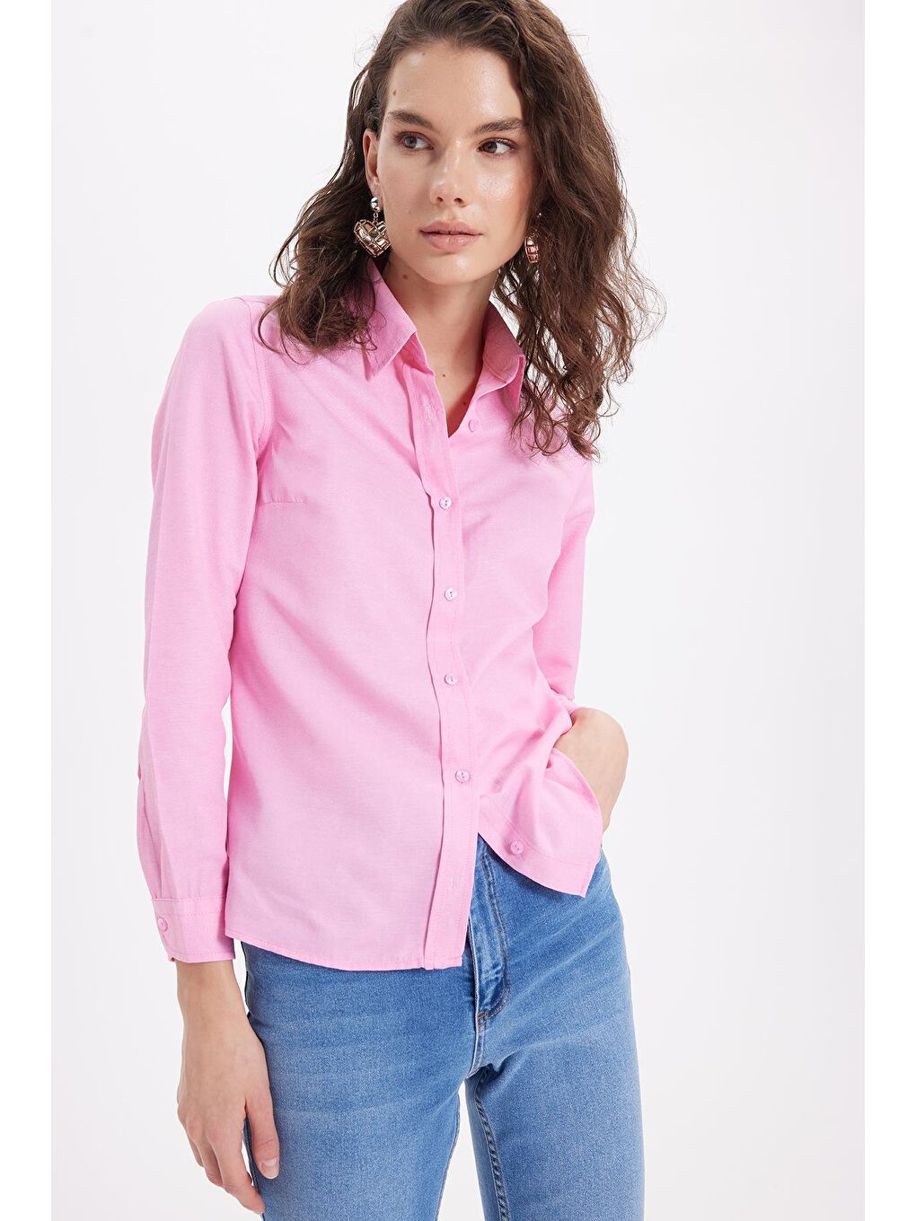 Kadın Slim Fit Dar Kesim Uzun Kollu Pamuklu Vücuda Oturan Dokulu Pembe Basic Gömlek-5