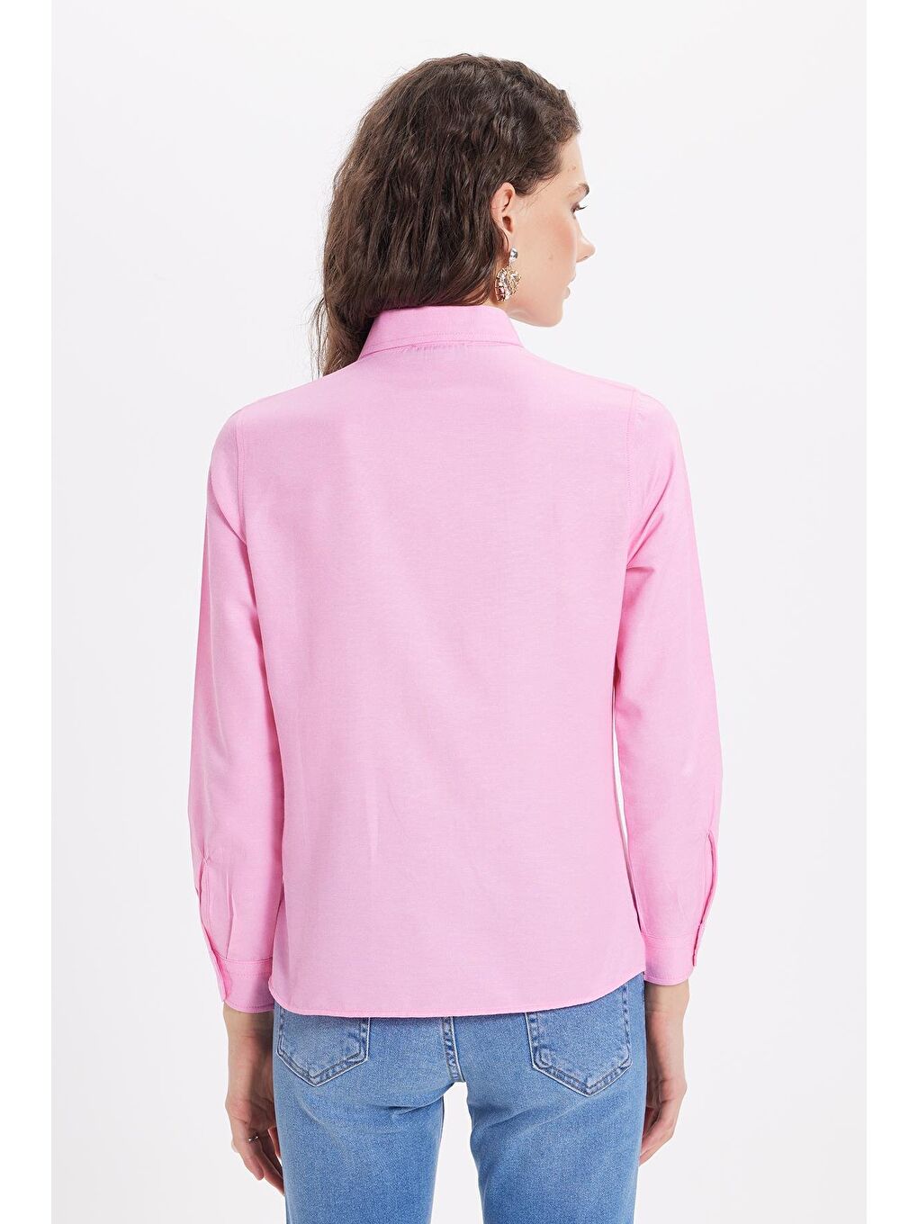 Kadın Slim Fit Dar Kesim Uzun Kollu Pamuklu Vücuda Oturan Dokulu Pembe Basic Gömlek-7