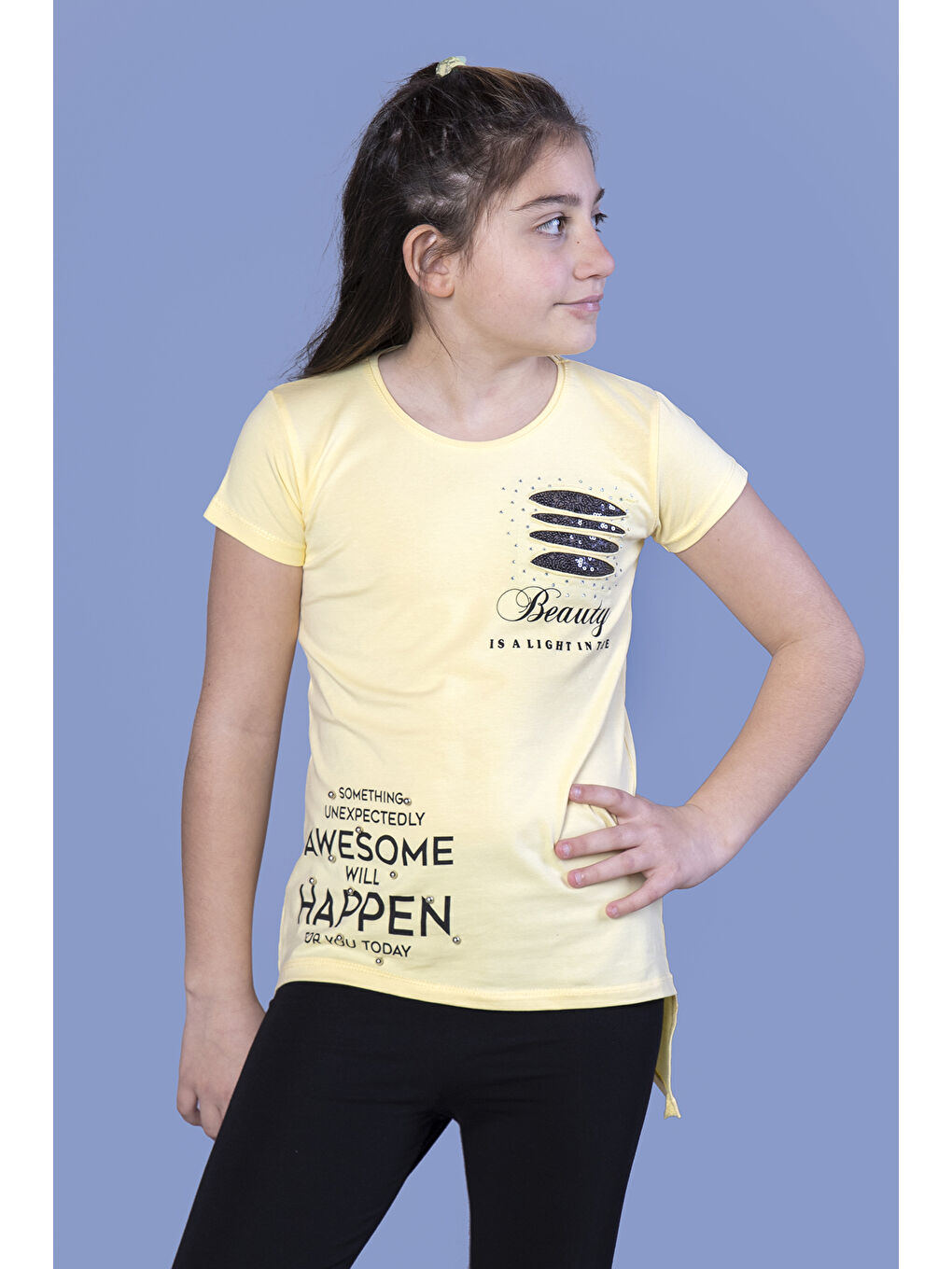 Toontoykids Sarı Kız Çocuk T-Shirt Göğsü Lazer Kesim Taşlı