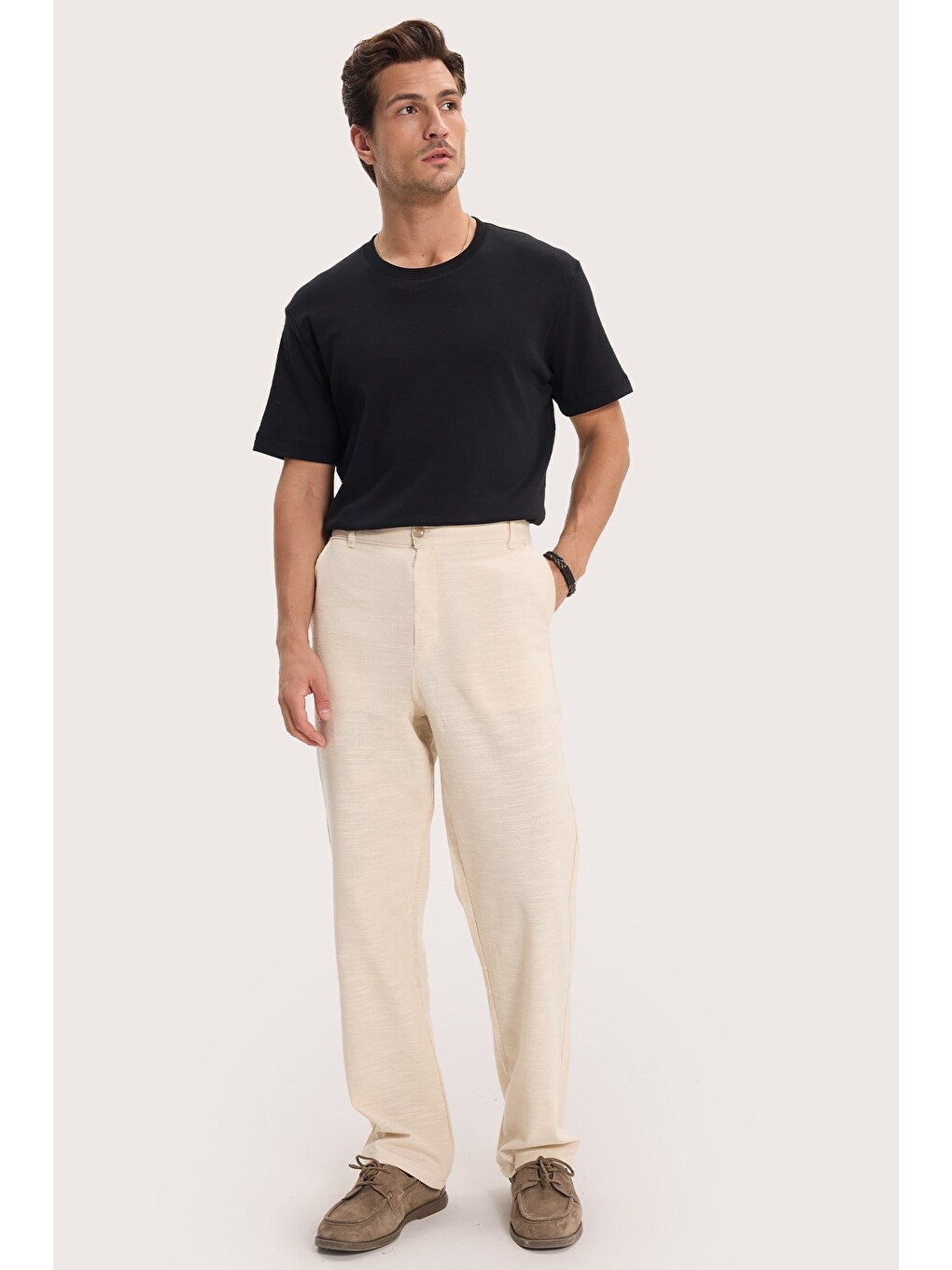 Bej Erkek Relax Fit Rahat Kesim %100 Pamuk Geniş Paça Keten Kumaş Çift Cepli Taş Pantolon-6