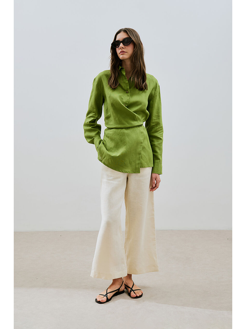 Keten Bağlama Detaylı Gömlek Fıstık Yeşili-2