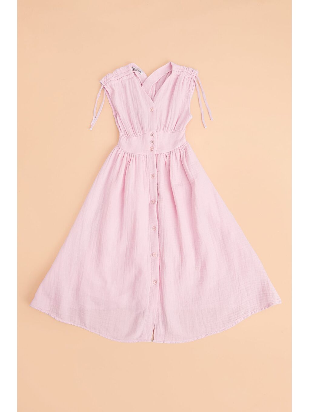 Pembe Omuz Bağcıklı Düğmeli Kız Çocuk Müslin Elbise