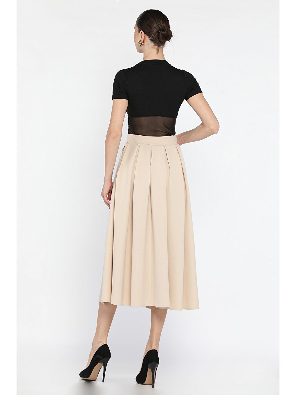 Bej Kadın Yan Fermuarlı Pileli Etek-2