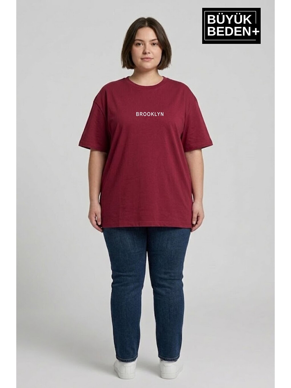 Bordo Kadın Büyük Beden Orta Brooklyn Baskılı 3xl-6xl Bisiklet Yaka Tshırt SPR26BTSK510-8