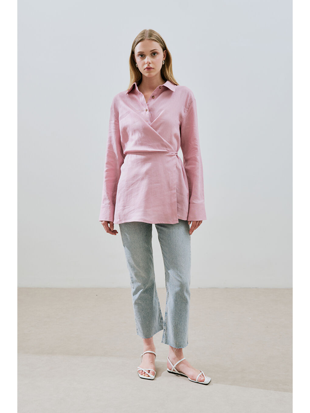Keten Bağlama Detaylı Gömlek Pembe-3