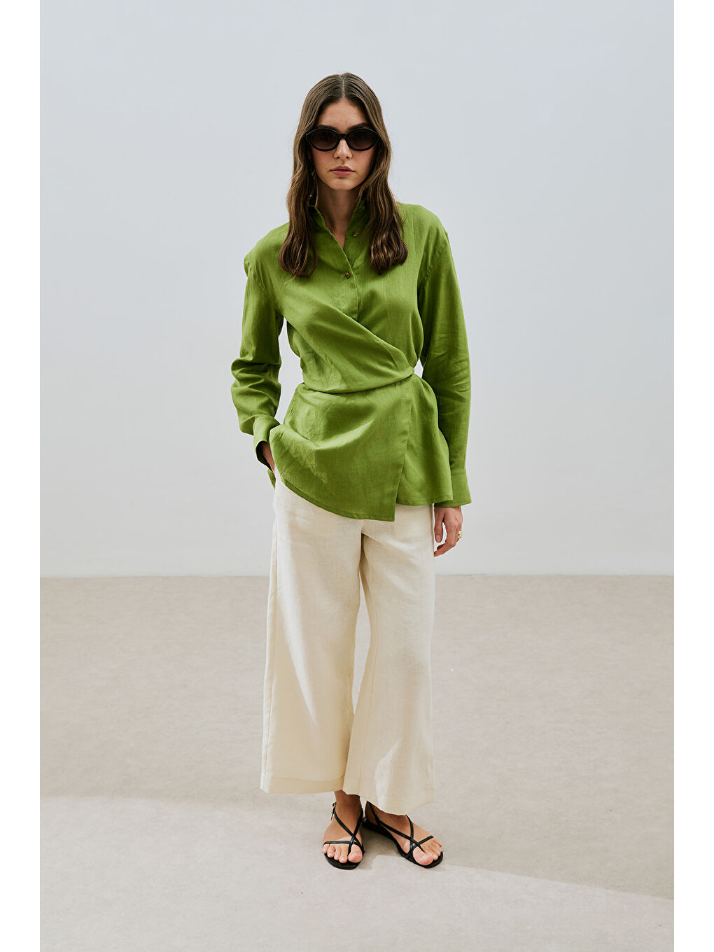 Keten Bağlama Detaylı Gömlek Fıstık Yeşili-3