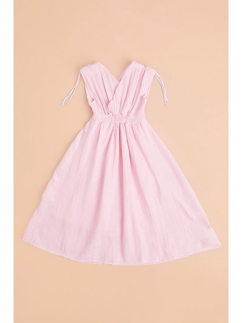 Pembe Omuz Bağcıklı Düğmeli Kız Çocuk Müslin Elbise-1