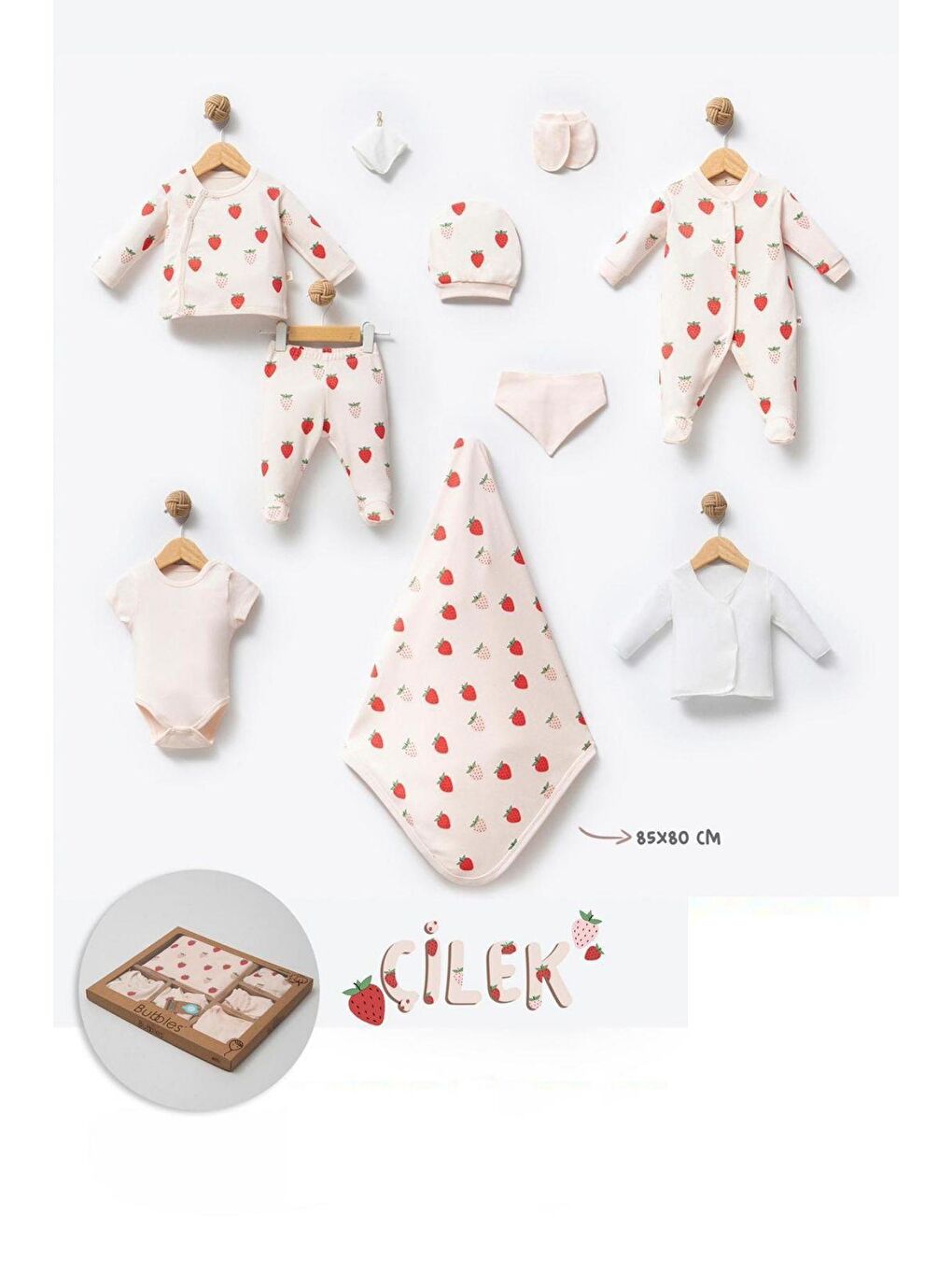Cantoy Ekru Kız Bebek Çilek Baskılı 10'Lu Hastane Çıkış Set