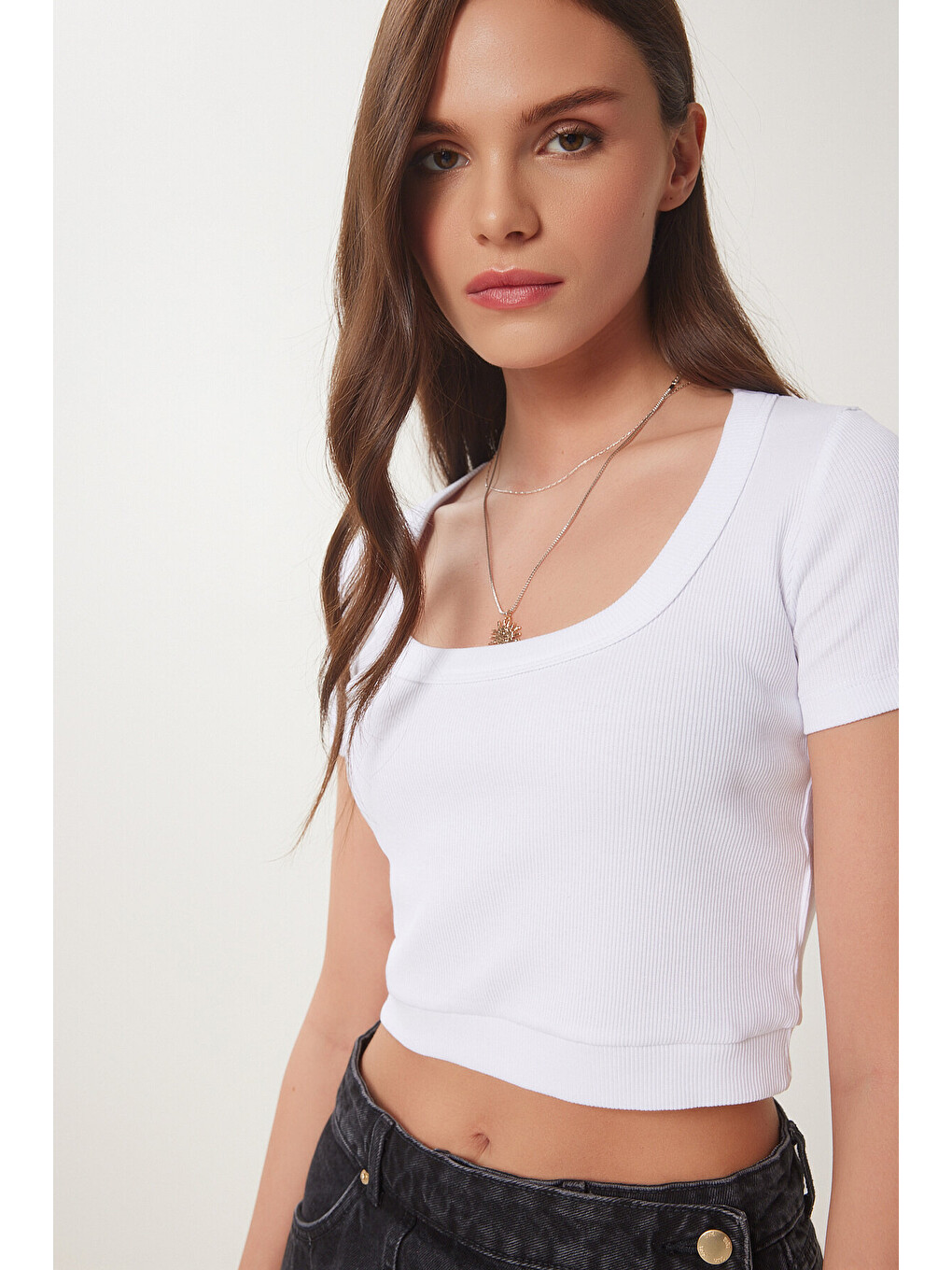 Beyaz Basic Fitilli Crop Örme Bluz BEYAZ LUS0109-1