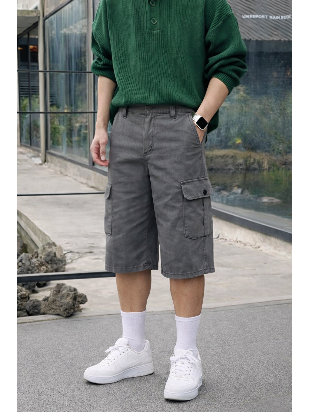 Gri Erkek Trend Yüksek Bel Uzun Füme Kargo Cep Şort