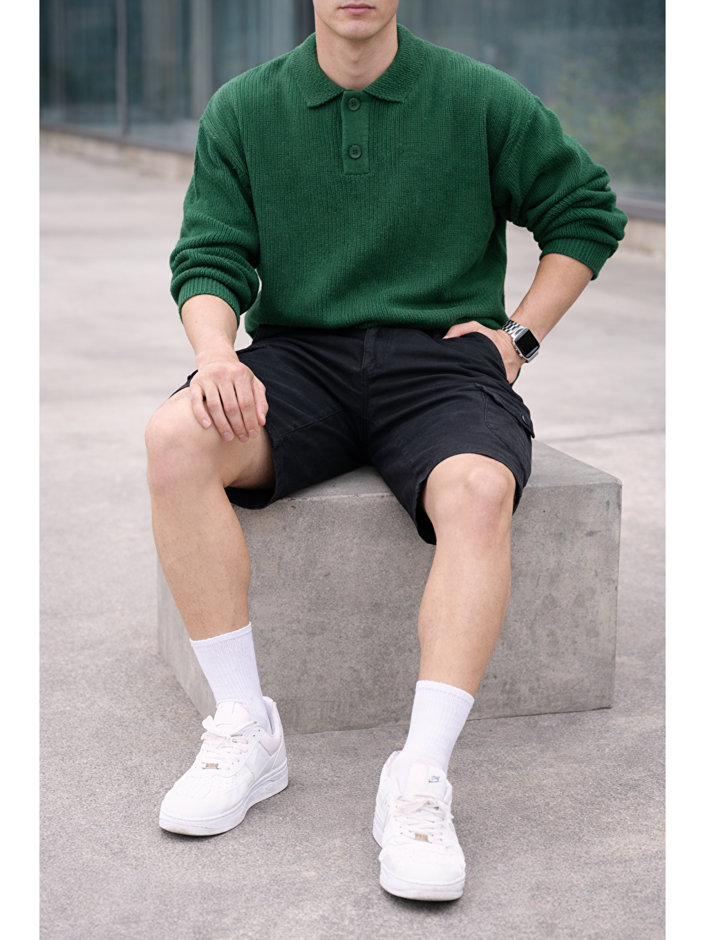 Erkek Trend Yüksek Bel Uzun Siyah Kargo Cep Şort-3