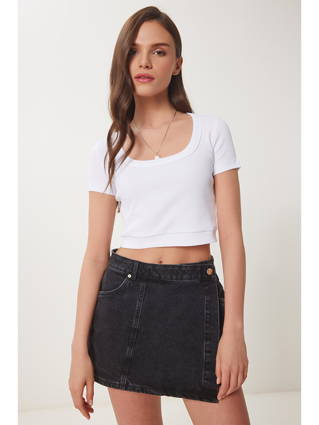 Beyaz Basic Fitilli Crop Örme Bluz BEYAZ LUS0109-2