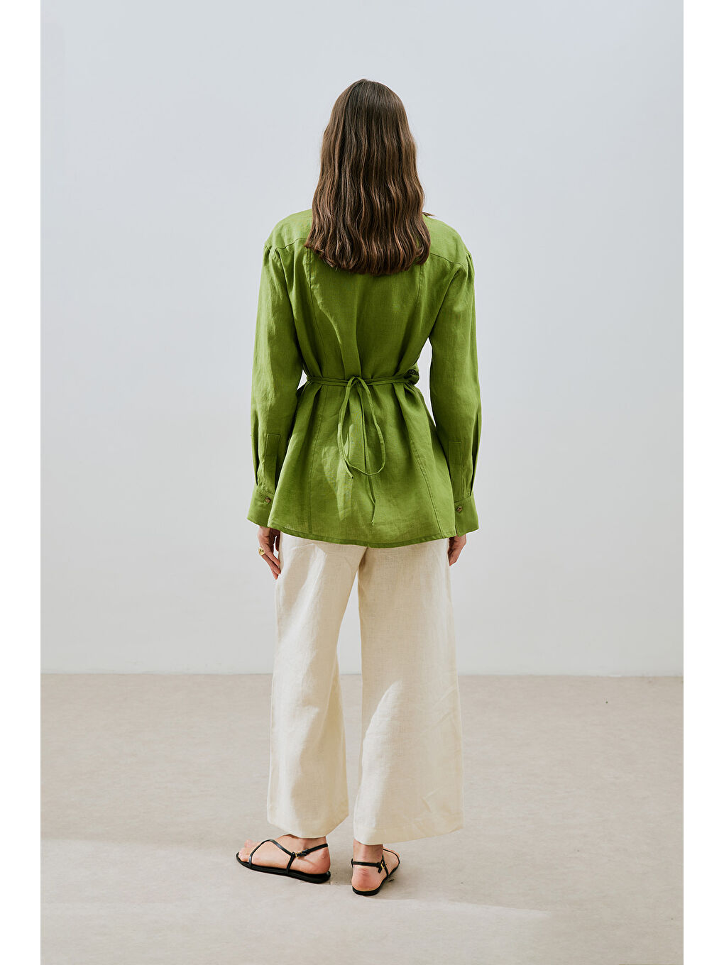 Keten Bağlama Detaylı Gömlek Fıstık Yeşili-4