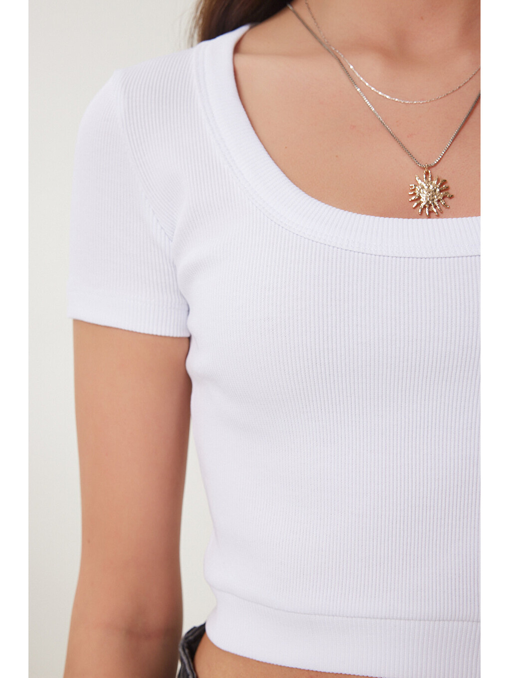 Beyaz Basic Fitilli Crop Örme Bluz BEYAZ LUS0109-3