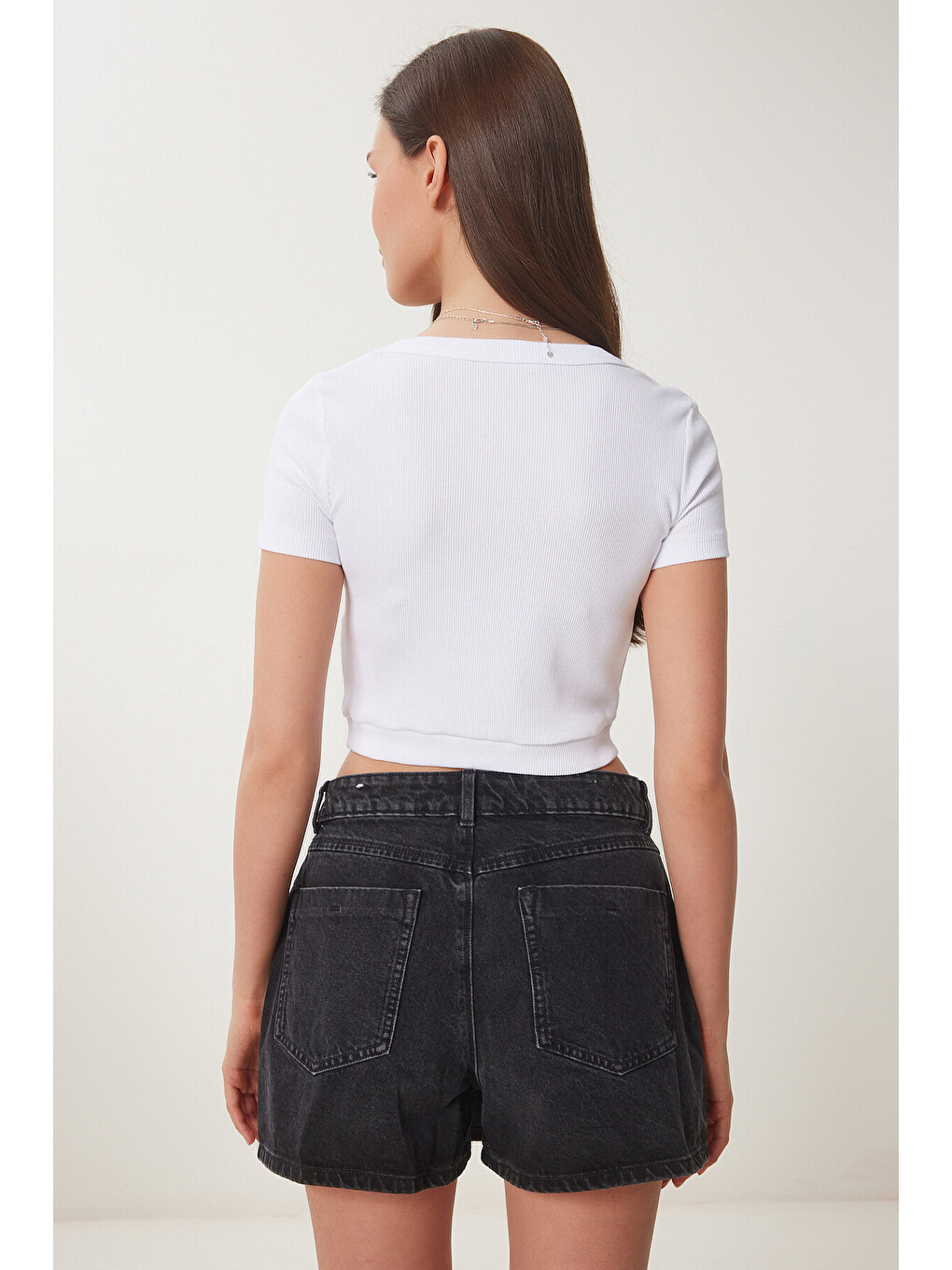 Beyaz Basic Fitilli Crop Örme Bluz BEYAZ LUS0109-4