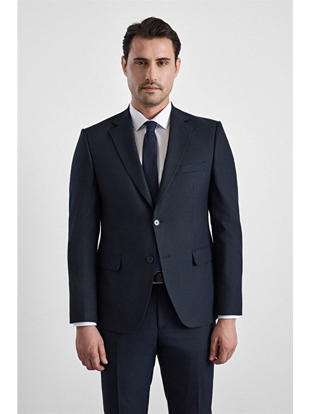 Lacivert Slim Sivri Yaka Kazayağı Armürlü Torba Cep Standart 6 Drop Takım Elbise-1