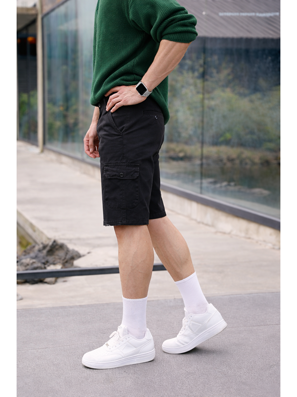 Erkek Trend Yüksek Bel Uzun Siyah Kargo Cep Şort-4