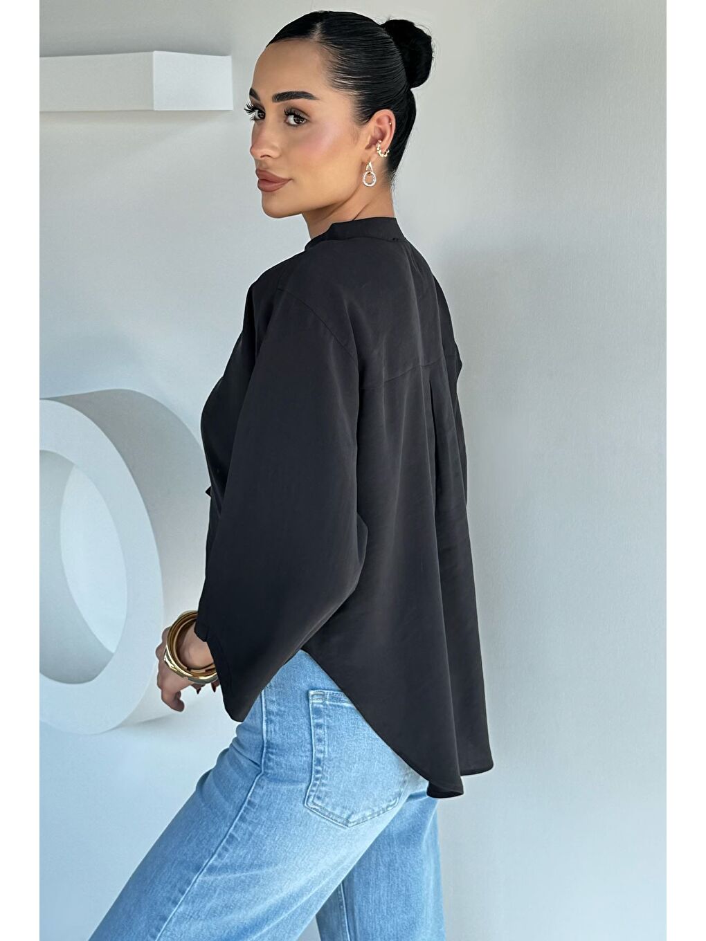 Siyah Kadın Modal Kumaş Oversize Bluz-3