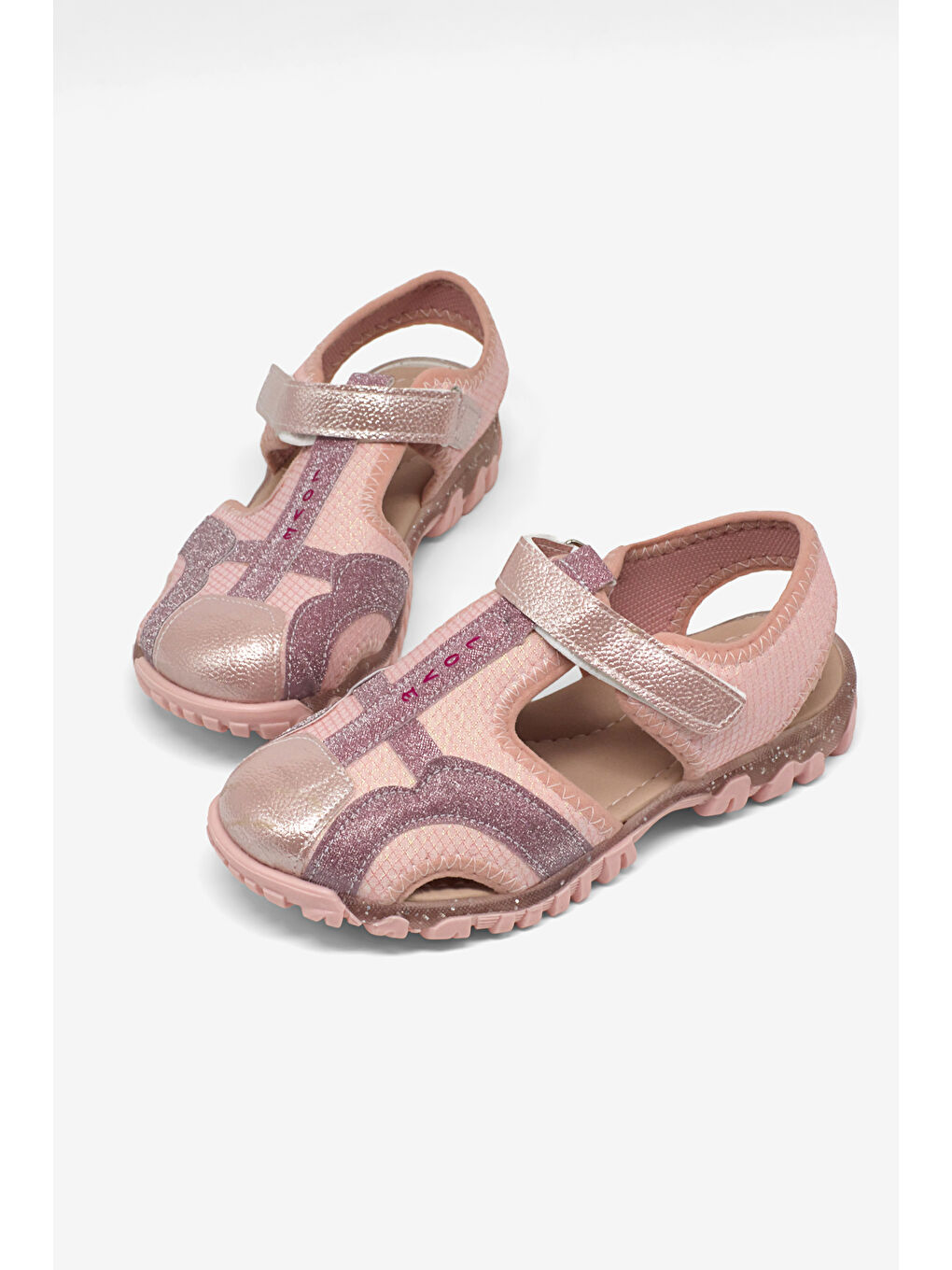 Pembe Kız Çocuk Pudra Simli Çoçuk Sim Detaylı Cırtlı Rahat Kalıp Sandalet-3