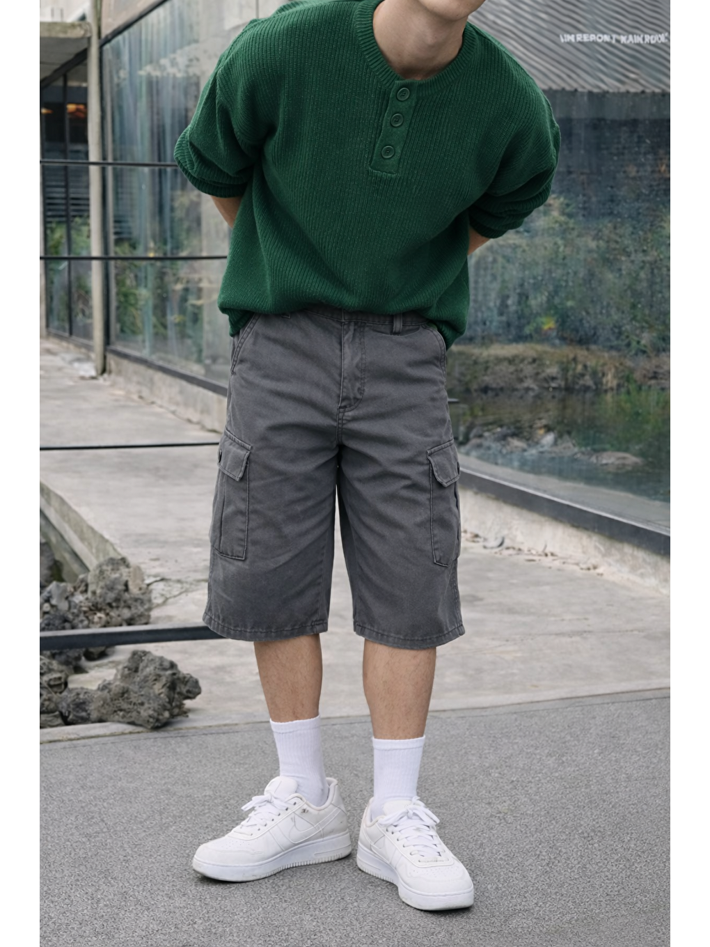 Gri Erkek Trend Yüksek Bel Uzun Füme Kargo Cep Şort-1