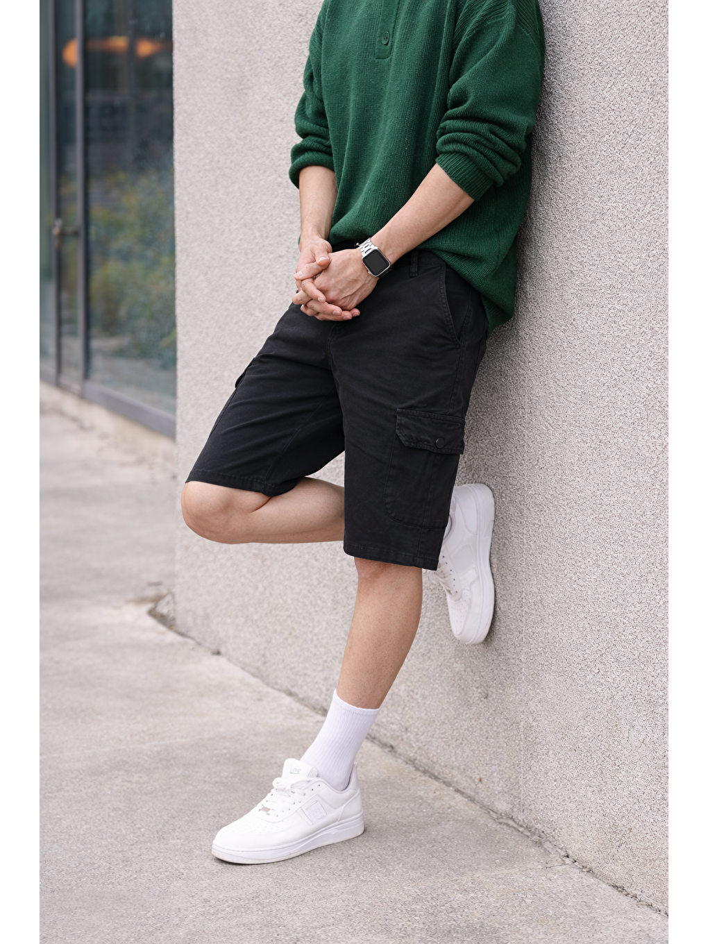 Erkek Trend Yüksek Bel Uzun Siyah Kargo Cep Şort-5