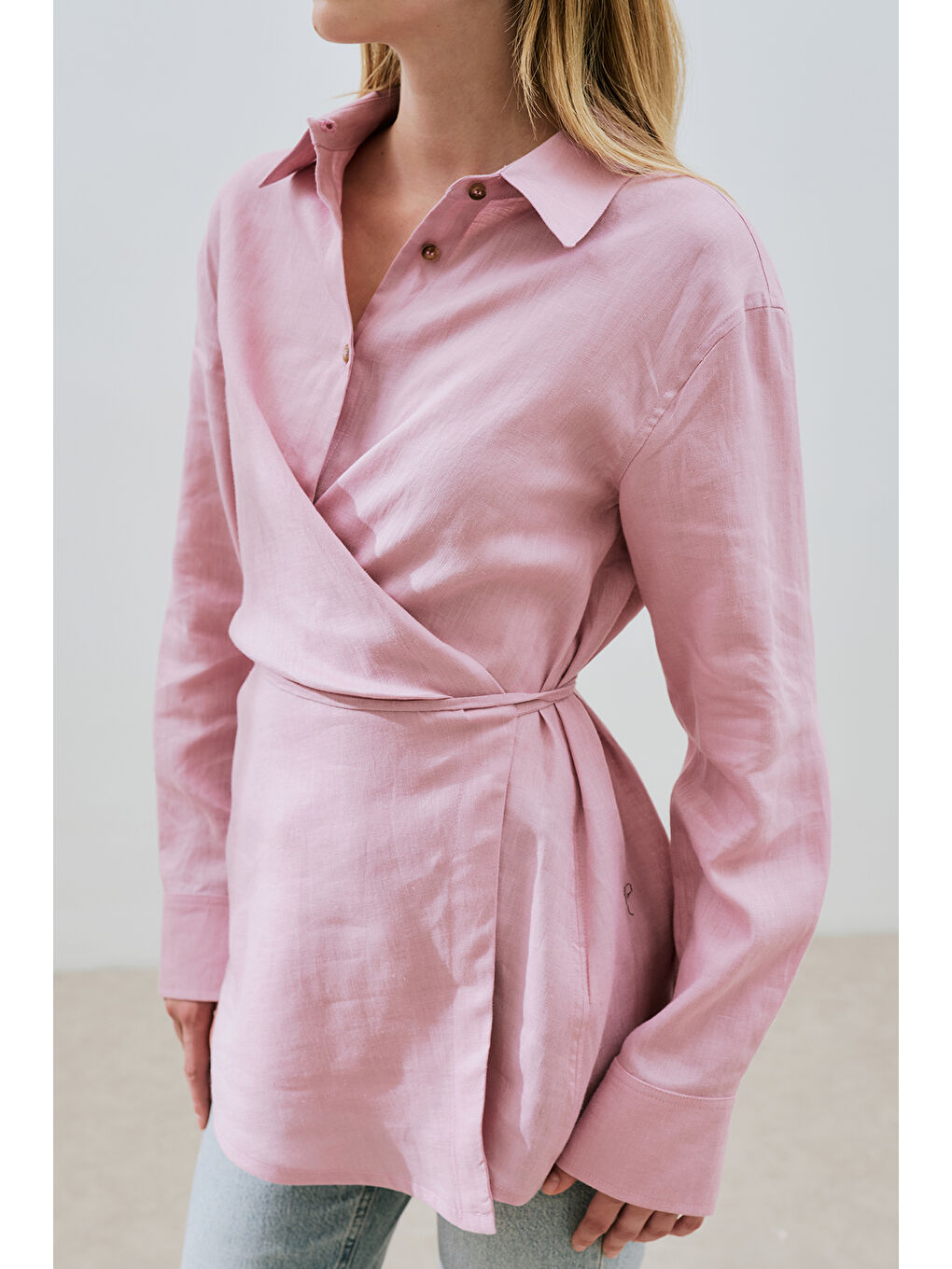 Keten Bağlama Detaylı Gömlek Pembe-4