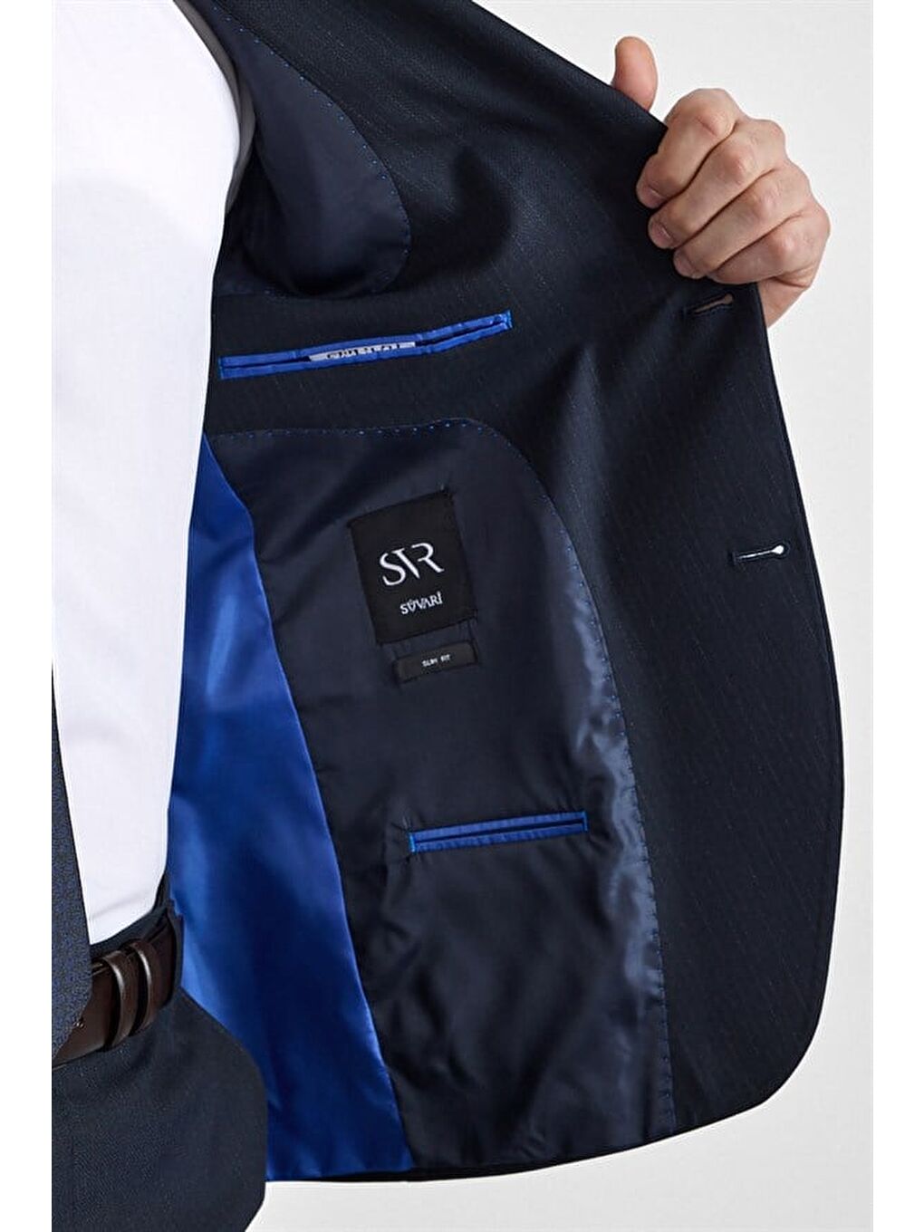 Lacivert Slim Sivri Yaka Kazayağı Armürlü Torba Cep Standart 6 Drop Takım Elbise-4