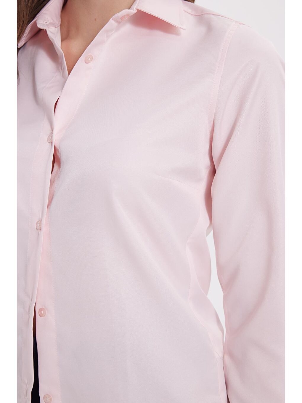 Kadın Slim Fit Dar Kesim Vücuda Oturan Uzun Kollu Pembe Basic Gömlek-3