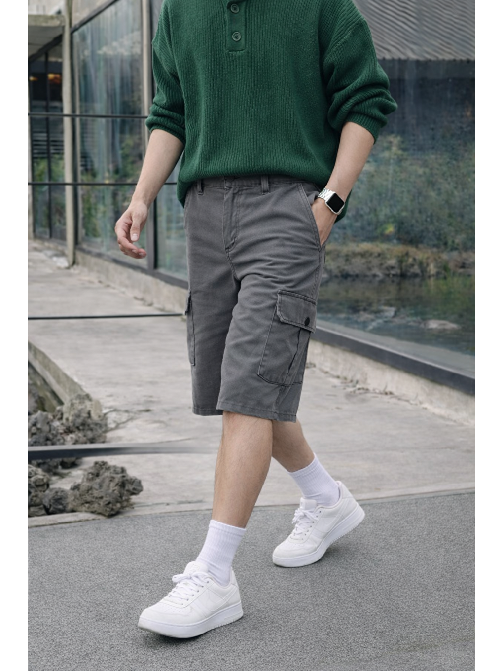 Gri Erkek Trend Yüksek Bel Uzun Füme Kargo Cep Şort-2