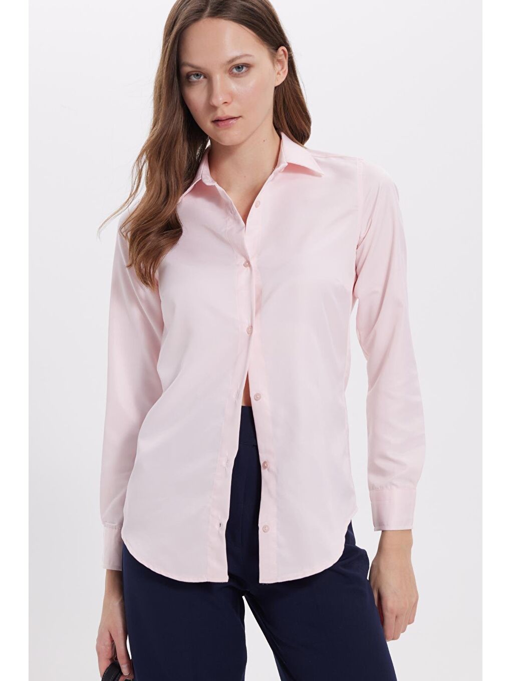 Kadın Slim Fit Dar Kesim Vücuda Oturan Uzun Kollu Pembe Basic Gömlek-6