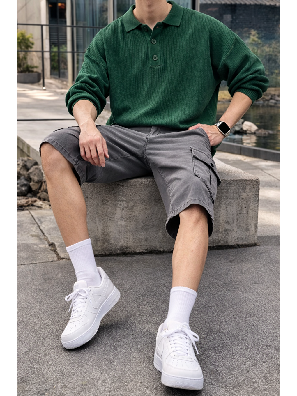 Gri Erkek Trend Yüksek Bel Uzun Füme Kargo Cep Şort-3