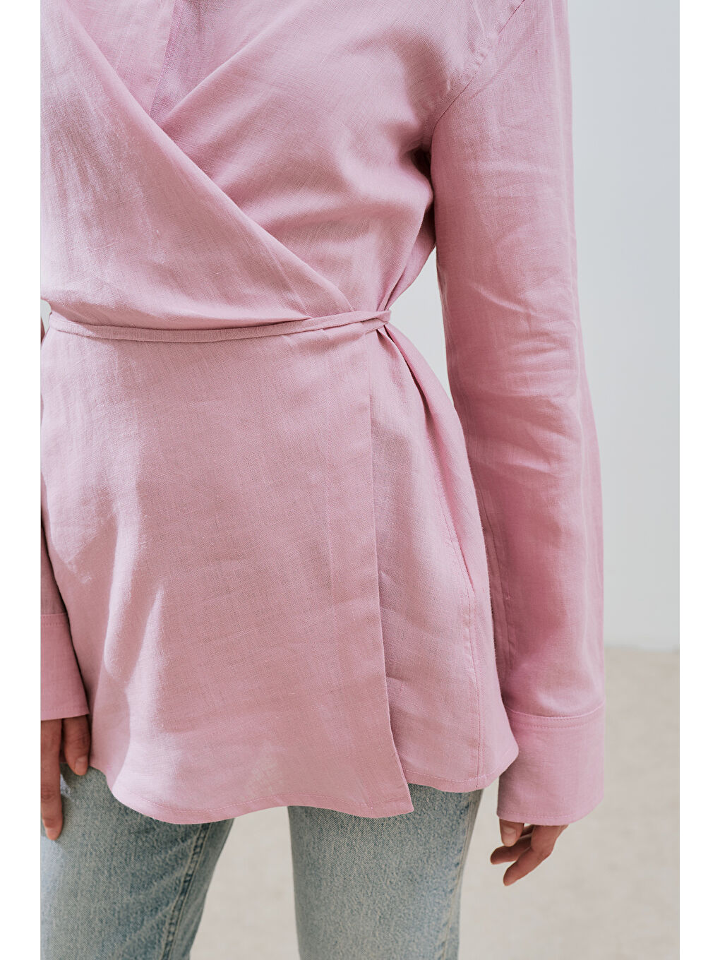 Keten Bağlama Detaylı Gömlek Pembe-5
