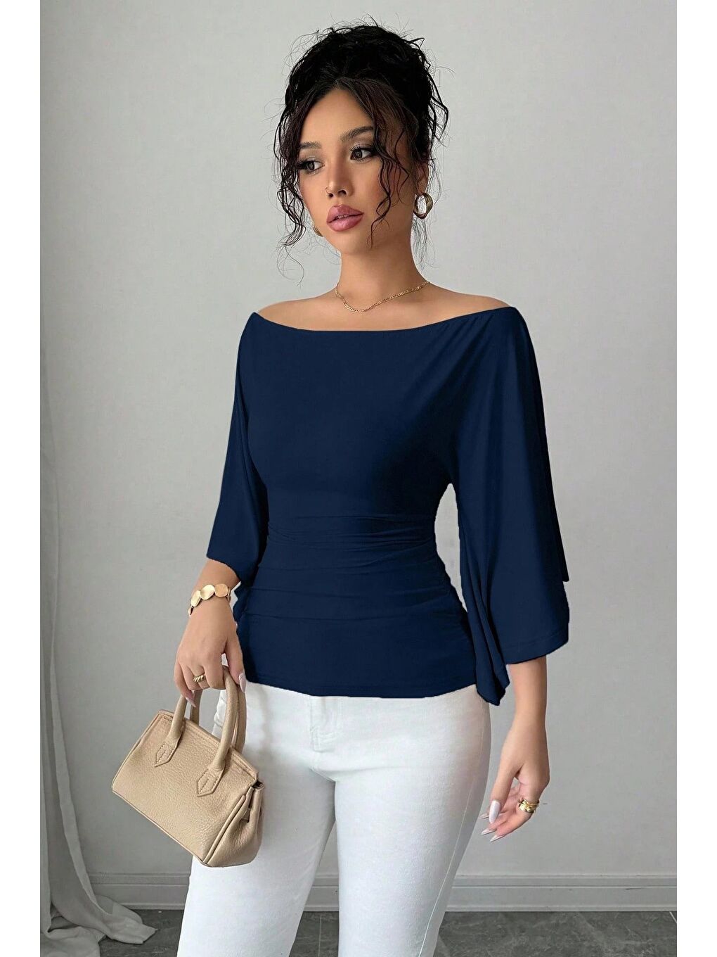 Lacivert Kadın Kayık Yaka Flare Kol Drapeli Fit Bluz