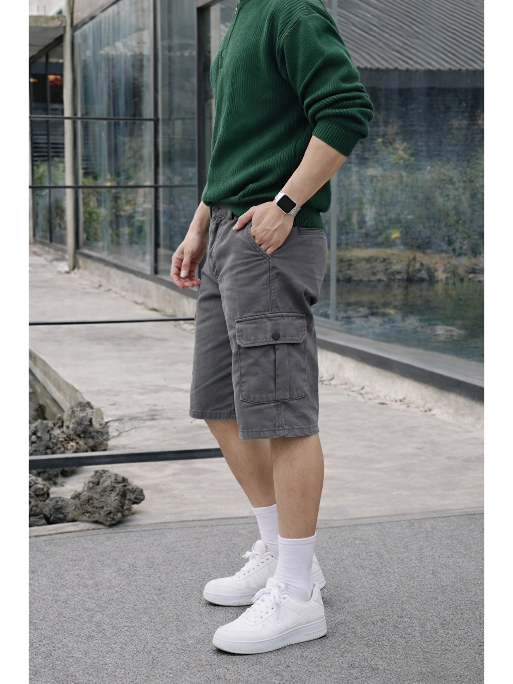 Gri Erkek Trend Yüksek Bel Uzun Füme Kargo Cep Şort-4