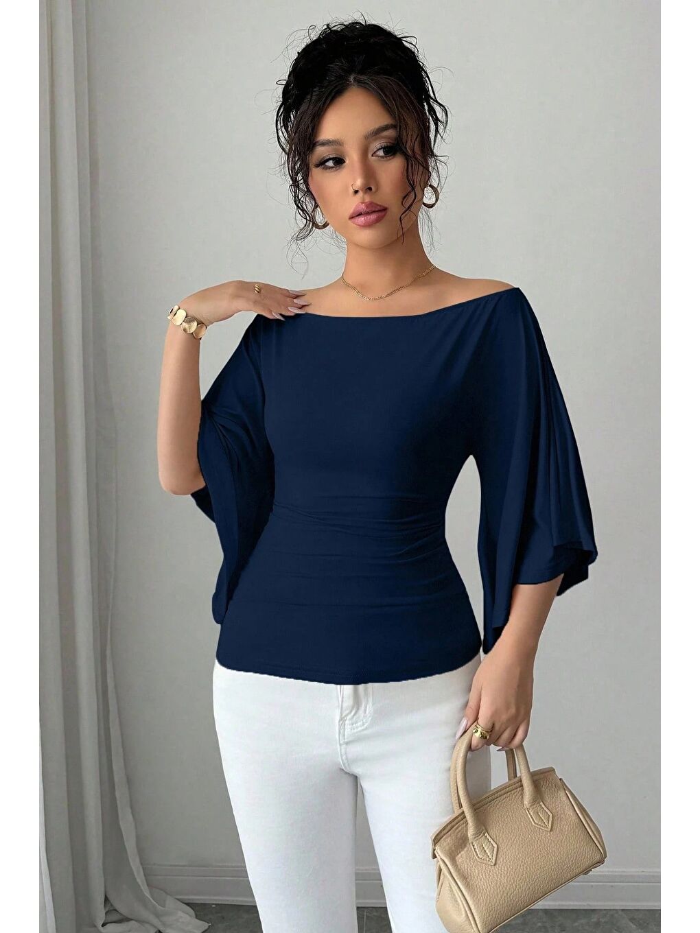 Lacivert Kadın Kayık Yaka Flare Kol Drapeli Fit Bluz-1