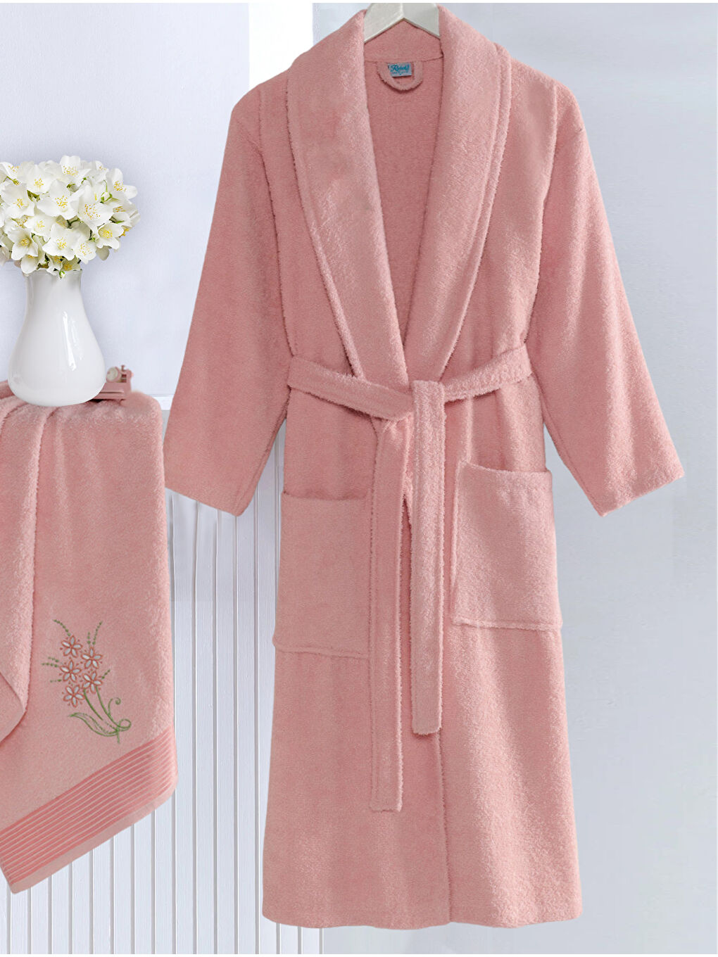 Pembe Bornoz - Nakışlı Havlu Seti Cora Pudra L/XL+45x85cm-2