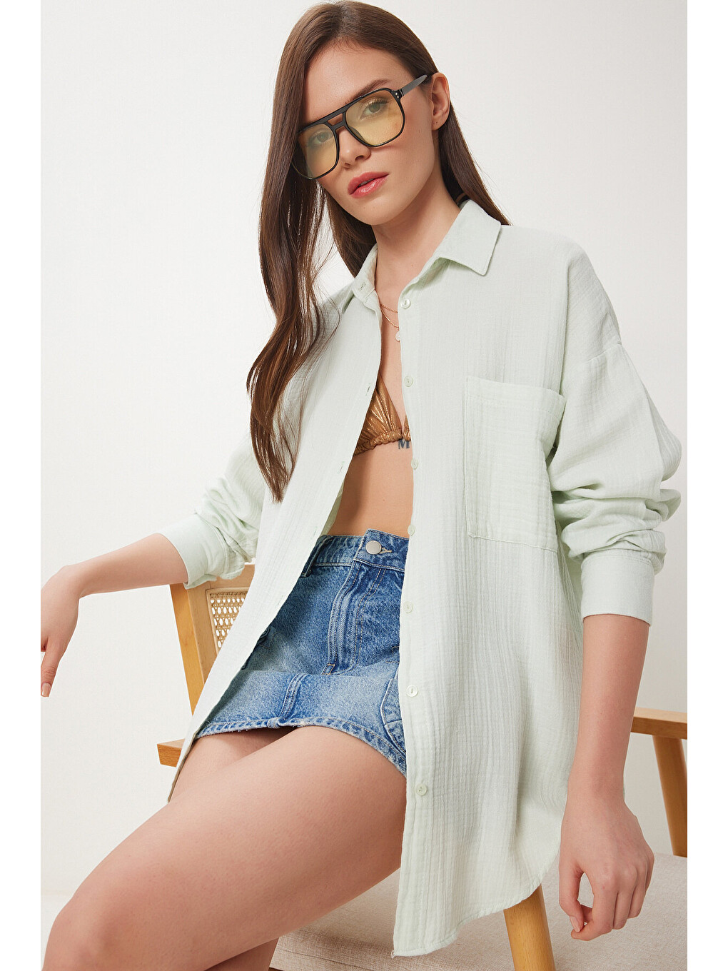 Turkuaz Oversize Basic Müslin Gömlek Su Yeşili Lmx0002-1