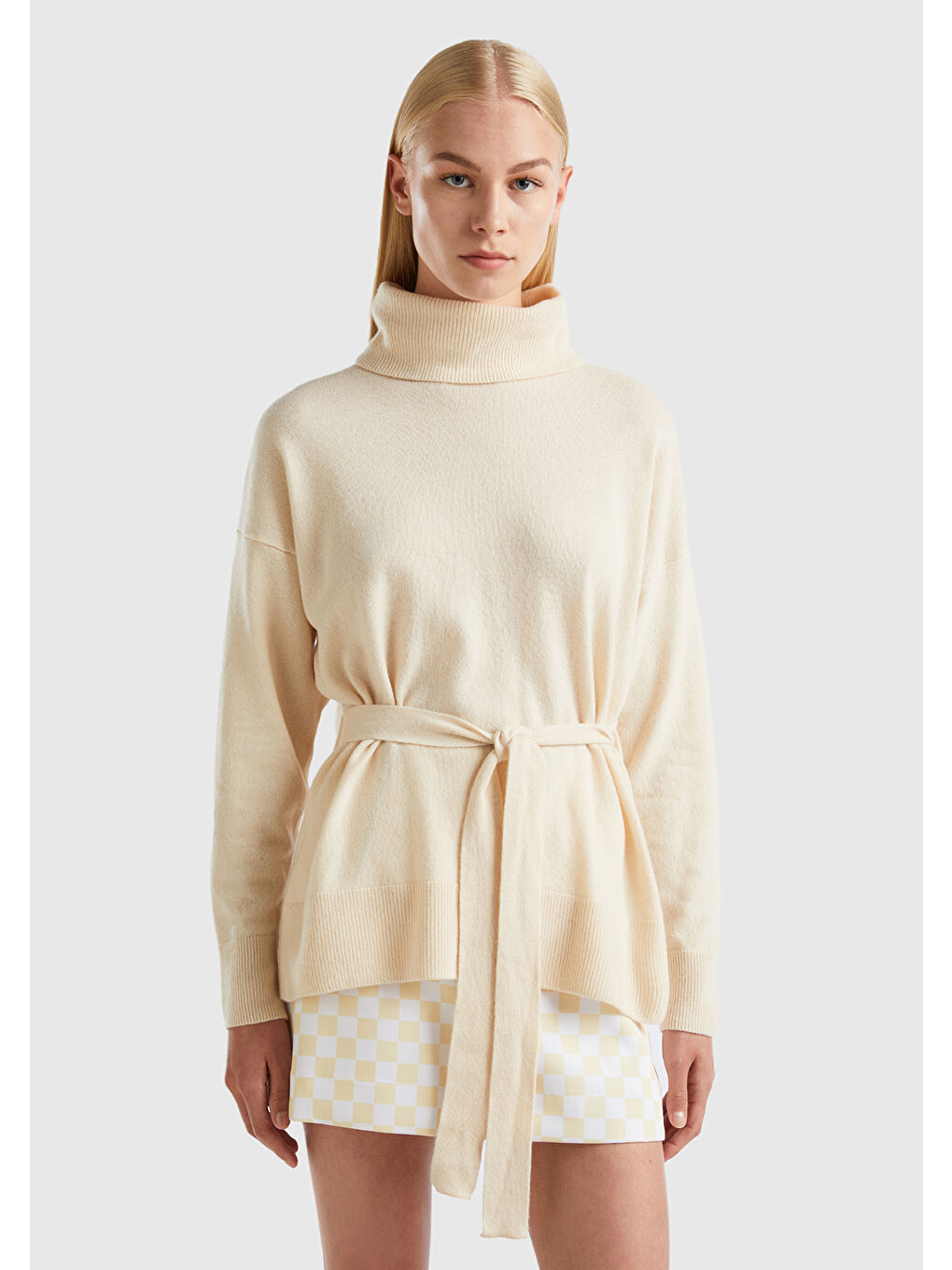 Kadın Bej Yün Karışımlı Belden Bağlamalı Dik Yaka Kazak