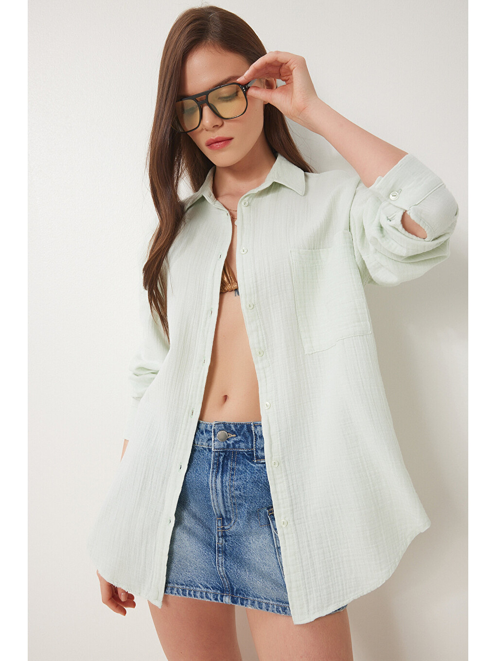 Turkuaz Oversize Basic Müslin Gömlek Su Yeşili Lmx0002-2