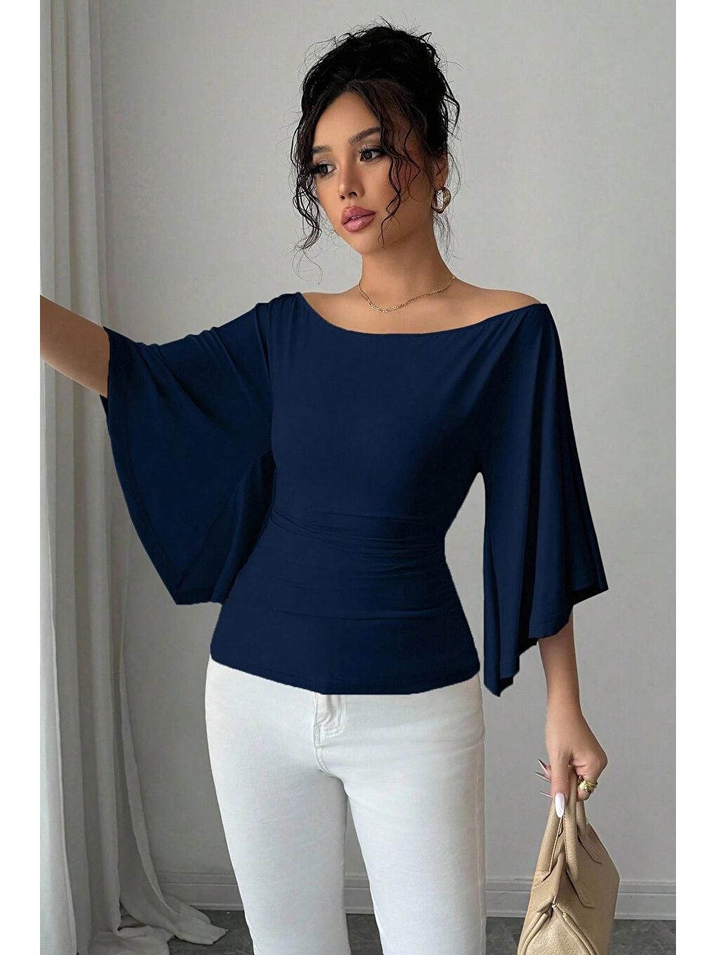 Lacivert Kadın Kayık Yaka Flare Kol Drapeli Fit Bluz-2