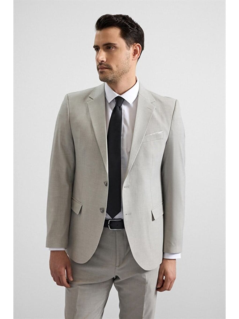 Gri Slim Sivri Yaka Düz Düz Kapaklı Cep Standart 6 Drop Takım Elbise