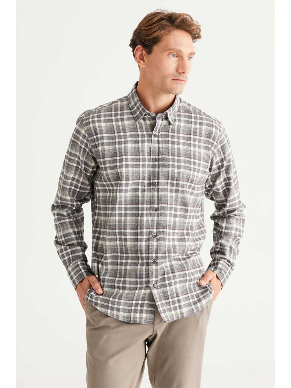 Erkek Kahverengi Comfort Fit Rahat Kesim Gizli Düğmeli Yaka %100 Pamuk Gömlek