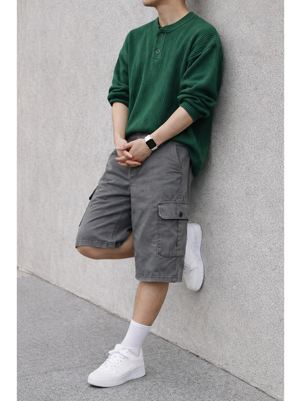 Gri Erkek Trend Yüksek Bel Uzun Füme Kargo Cep Şort-5