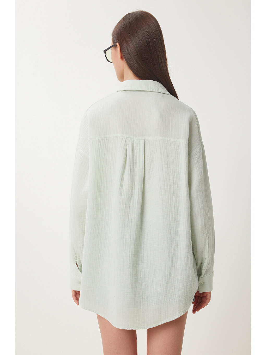 Turkuaz Oversize Basic Müslin Gömlek Su Yeşili Lmx0002-4