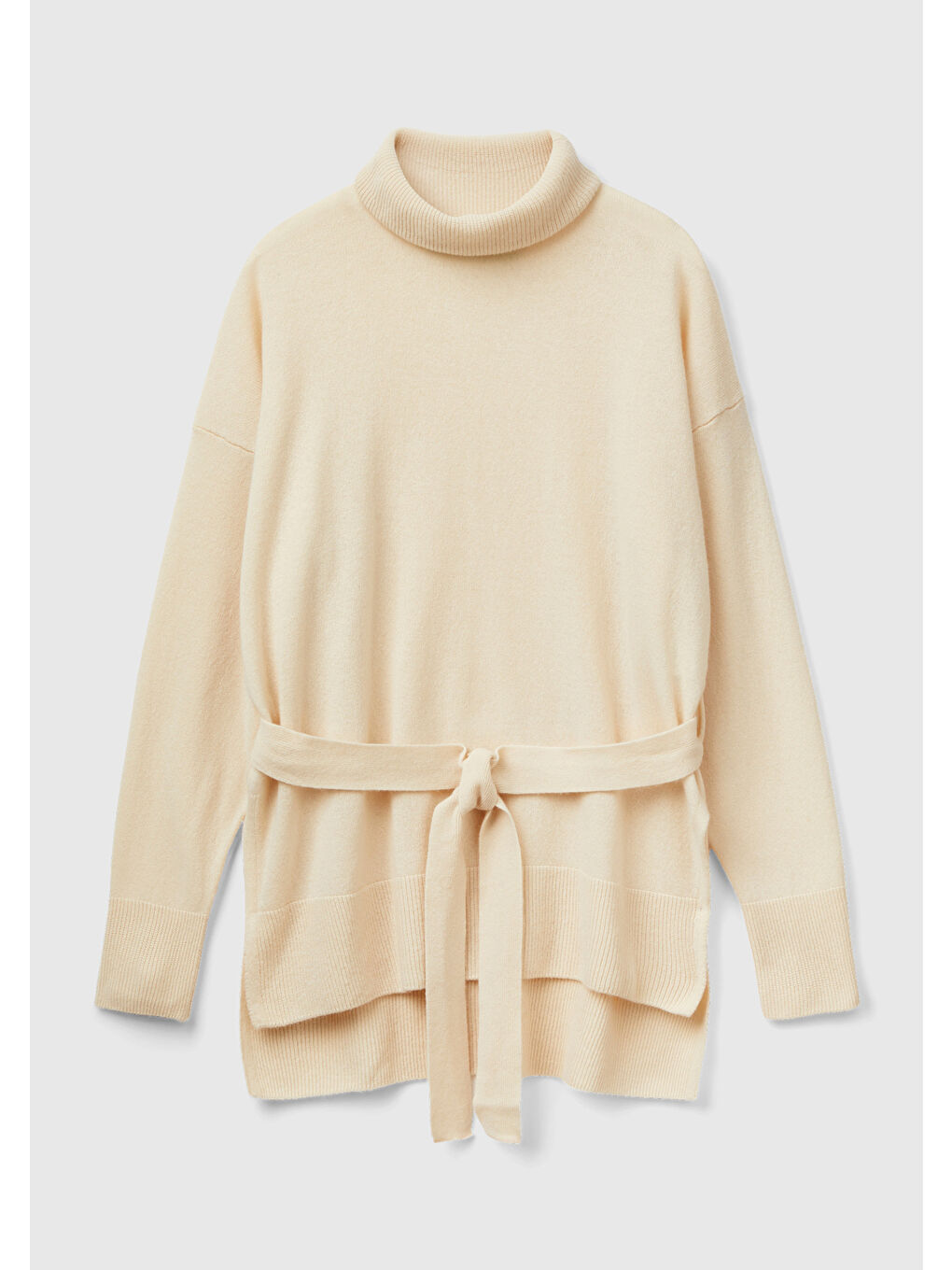 Kadın Bej Yün Karışımlı Belden Bağlamalı Dik Yaka Kazak-1