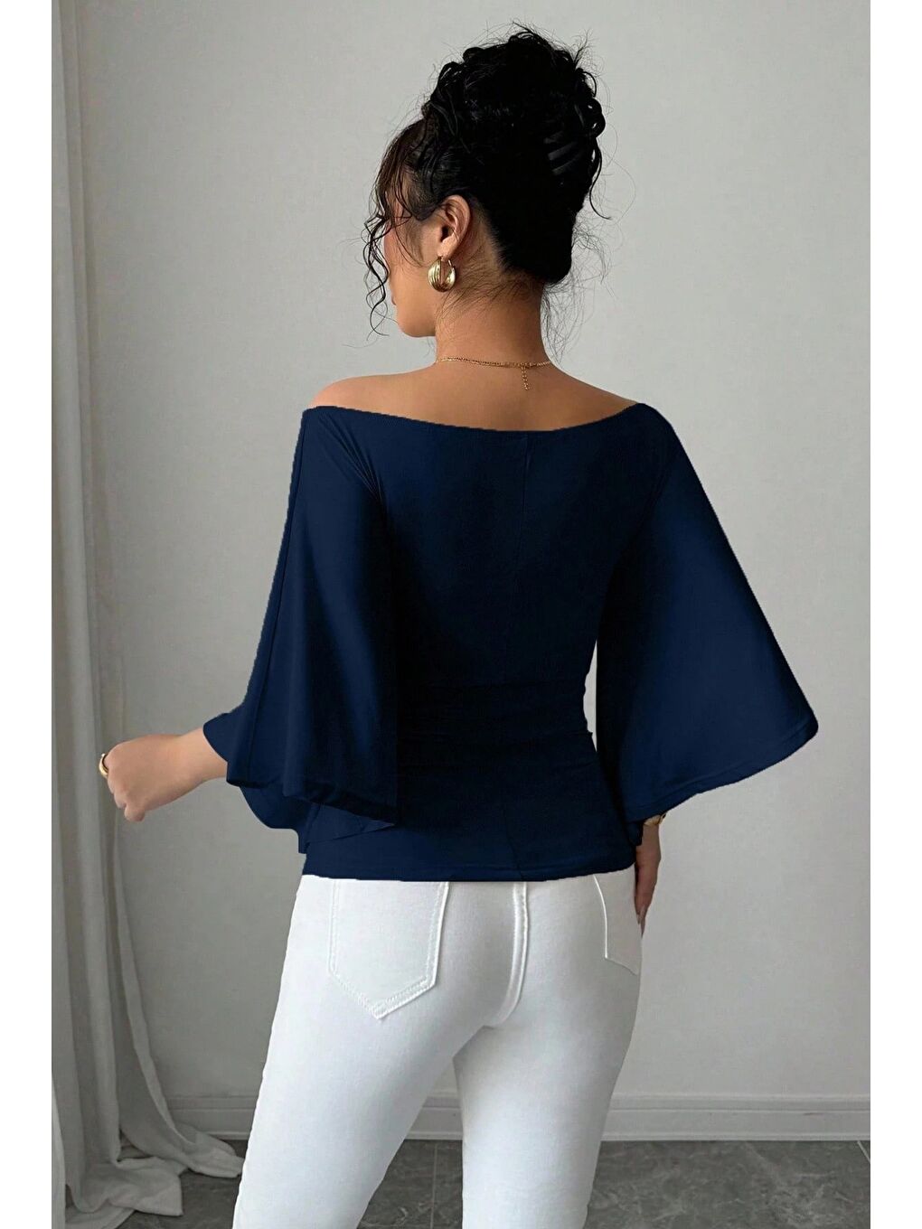 Lacivert Kadın Kayık Yaka Flare Kol Drapeli Fit Bluz-3