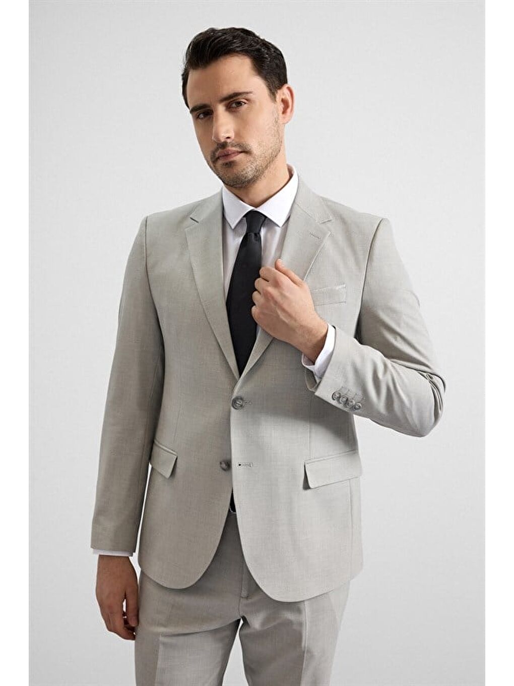 Gri Slim Sivri Yaka Düz Düz Kapaklı Cep Standart 6 Drop Takım Elbise-1
