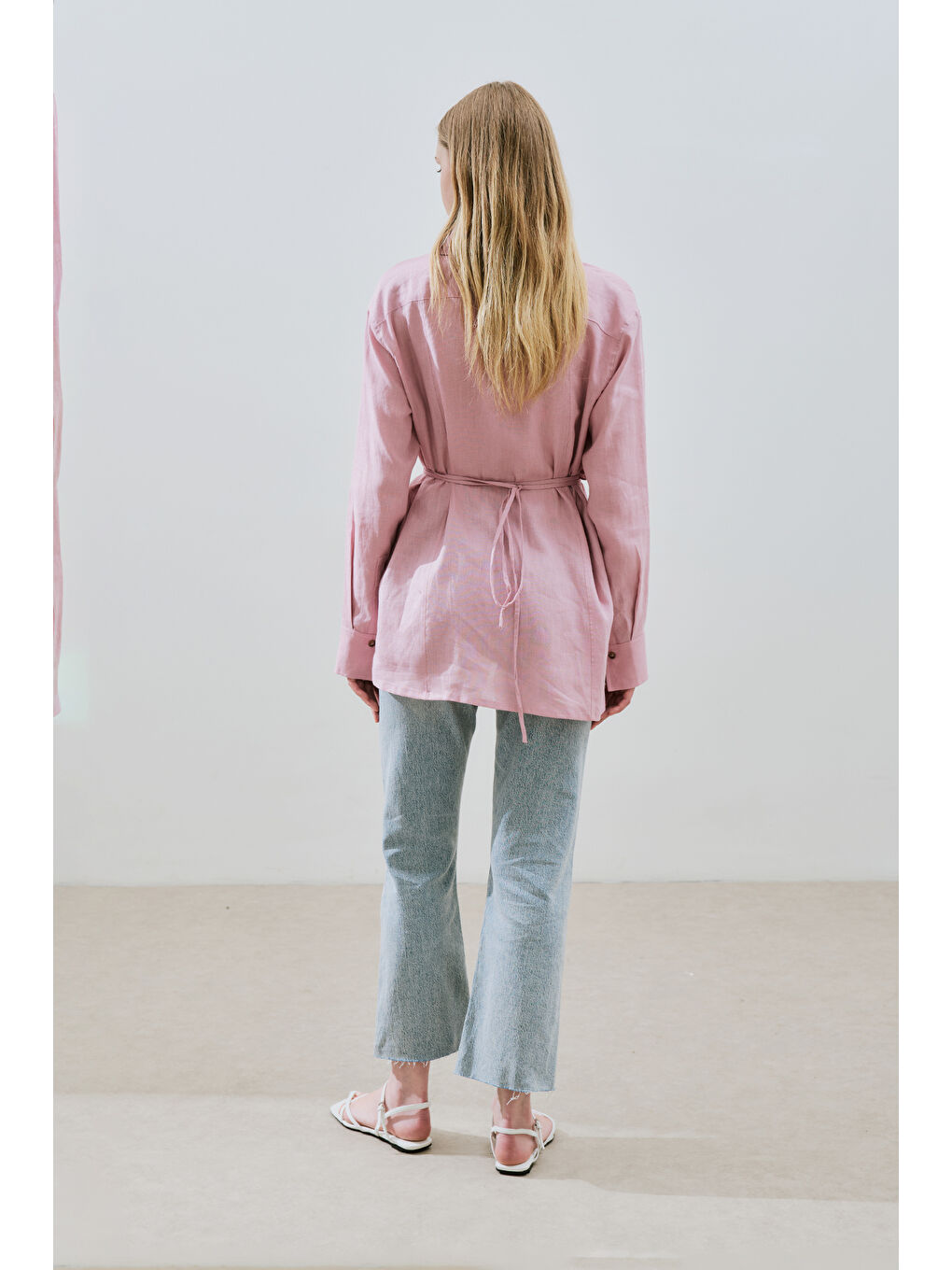 Keten Bağlama Detaylı Gömlek Pembe-6