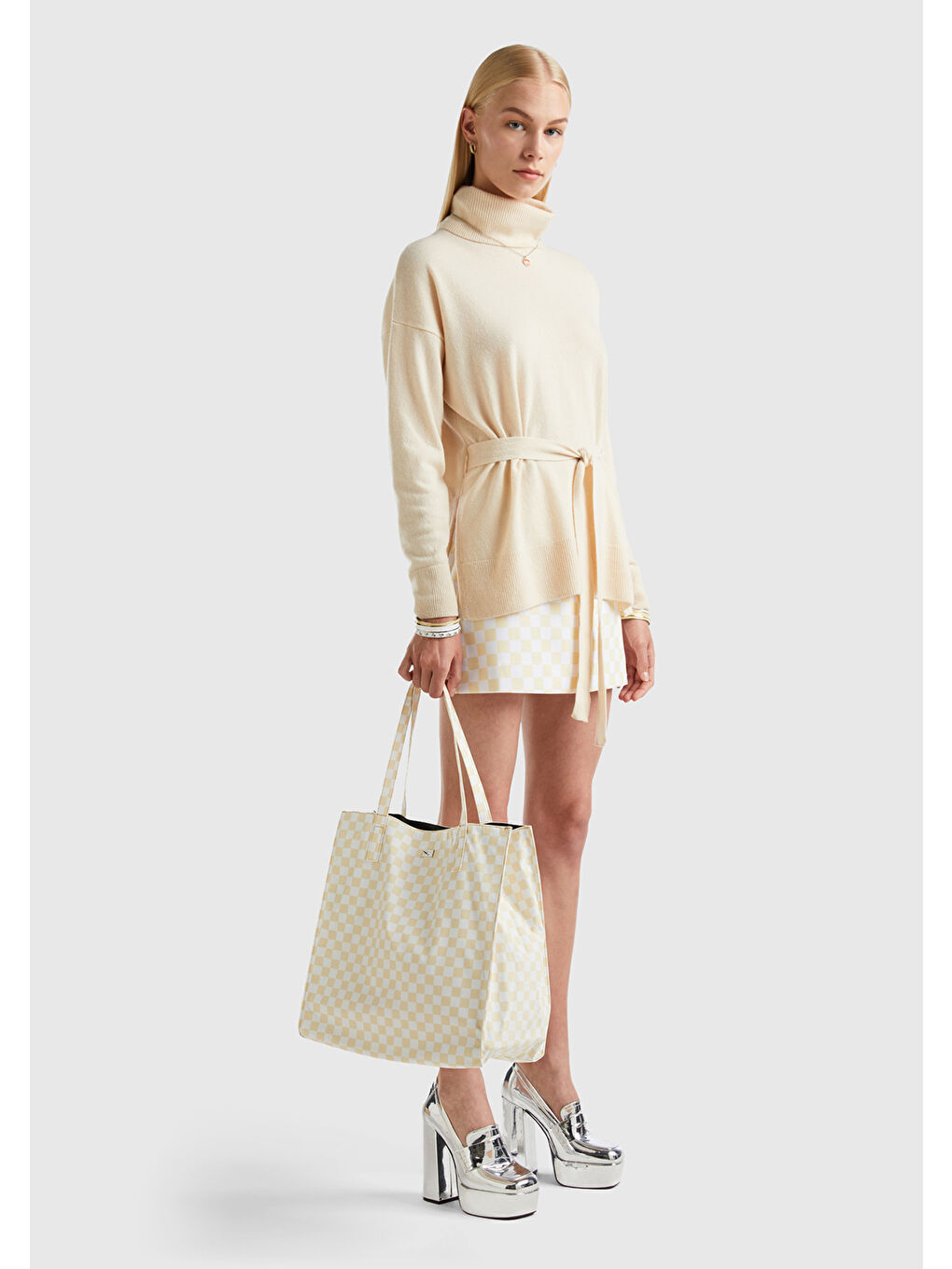 Kadın Bej Yün Karışımlı Belden Bağlamalı Dik Yaka Kazak-4